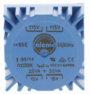 TALEMA ringkern trafo, 7VA, 2x115V>2x15V