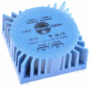 TALEMA Toroidal trafo, PCB mount, 15VA, 2x115V>2x9V