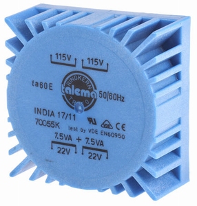 TALEMA Toroidal trafo, PCB mount, 15VA, 2x115V>2x22V