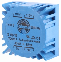 TALEMA Toroidal trafo, PCB mount, 7VA, 2x115V>2x9V