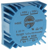 TALEMA Toroidal trafo, PCB mount, 7VA, 2x115V>2x12V